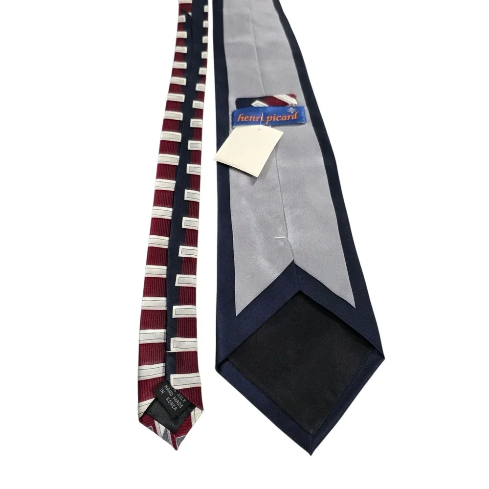 New Henri Picard‎ Mens Silk Striped Necktie Pocket Sq Burgundy Silver Geometric